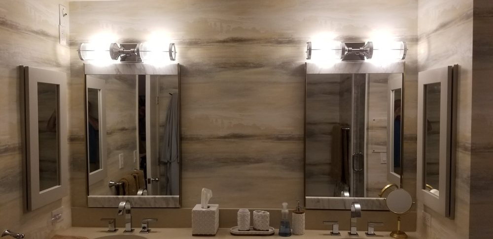 Bathroom vanity remodel with marble tile backsplash